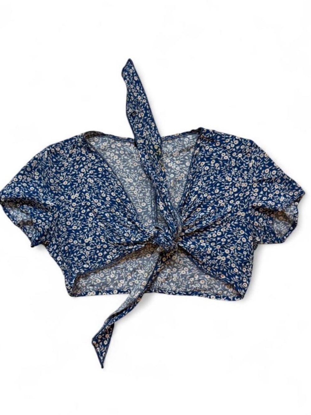 Blue Floral Front Tie Crop Top